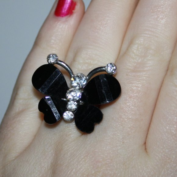 Pretty silver black and rhinestone butterfly ring